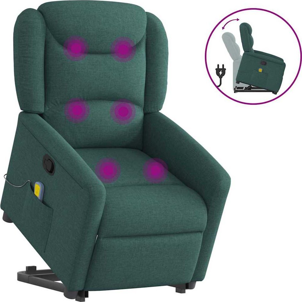 vidaXL vidaXL Podnoszony fotel masujący, rozkładany, ciemnozielony, tkanina