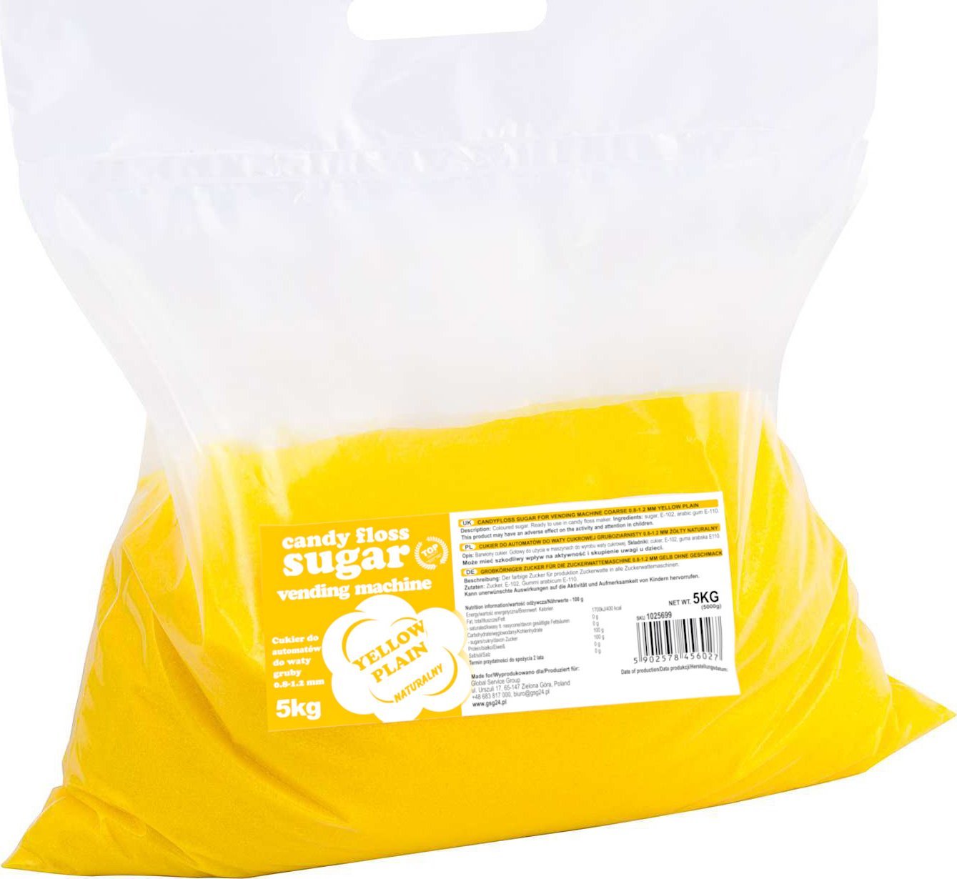 GSG24 Cukier do automatu do waty cukrowej granulacja 0.8-1.2mm smak naturalny ŻÓŁTY 5kg Cukier do automatu do waty cukrowej granulacja 0.8-1.2mm smak