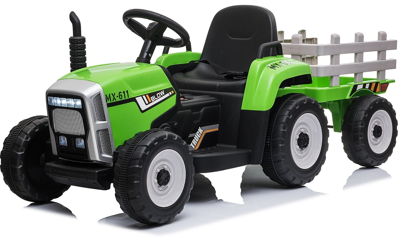 Dziecięcy jednoosobowy elektryczny traktor z przyczepą, zielony