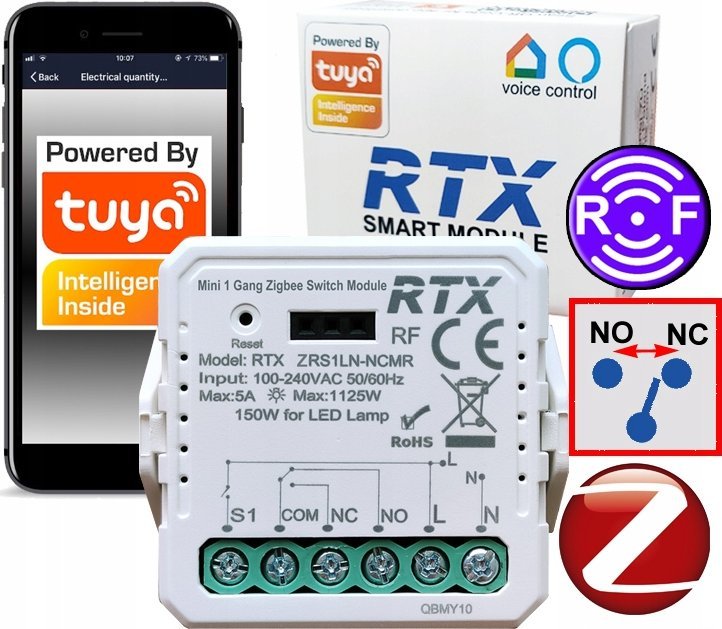 RTX Moduł BEZNAPIĘCIOWY NC NO MINI Przekaźnik Sterownik TUYA ZigBee + RF