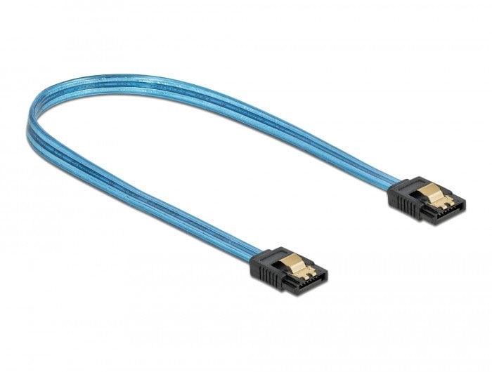 DeLOCK SATA 6 Gb/s Cable UV glow effect blue 50 cm, 0.5 m, SATA III, SATA 7-pin, SATA 7-pin, Male/Male, Blue
