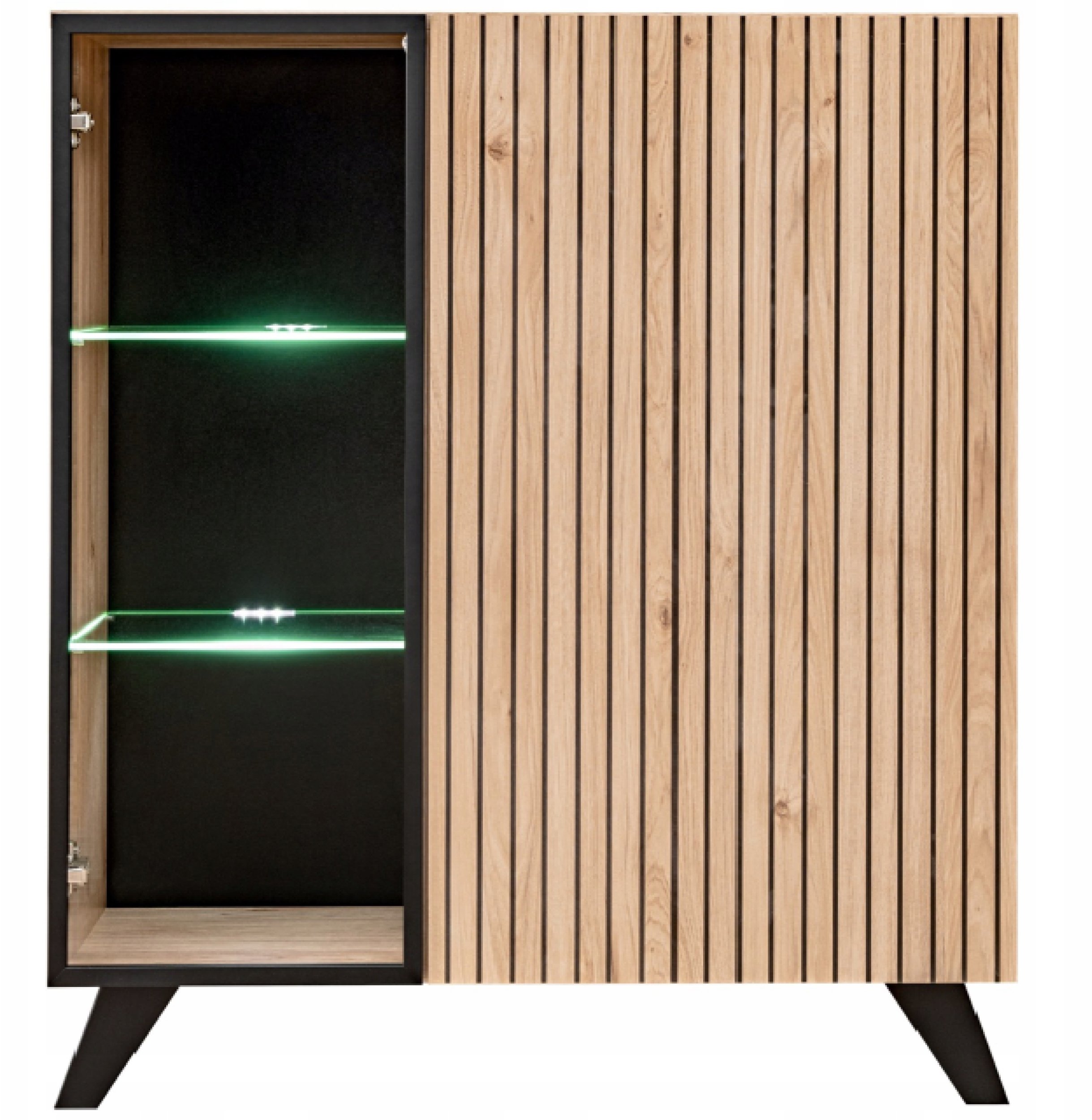 Niska WITRYNA LIAM 2D - Przeszklona + Oświetlenie LED | Dąb + Czarny Mat