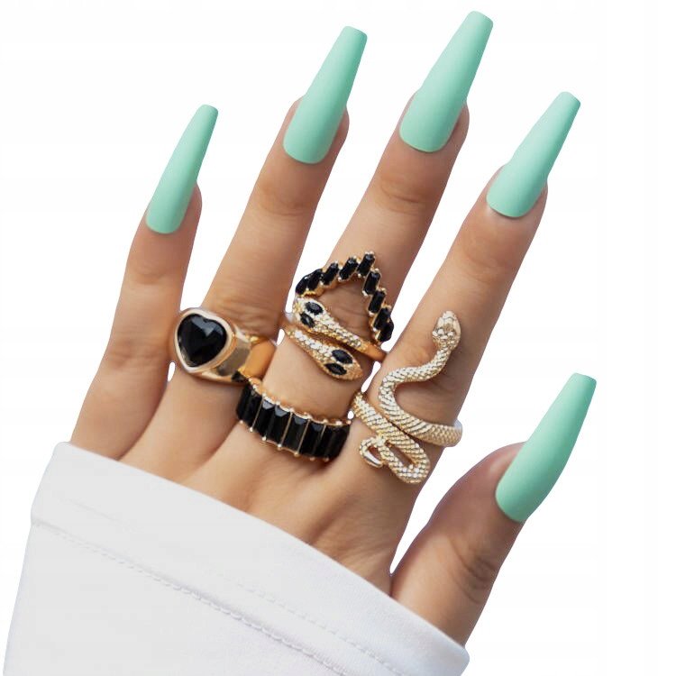 ZESTAW Złotych PIERŚCIONKÓW RETRO PUNK VINTAGE 5 Sztuk WĄŻ Serce CZARNY