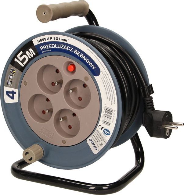 Orno Przedłużacz bębnowy MINI, 4 gniazda 2P+Z, metalowy stojak, polwinit H05VV-F 3x1mm2 , długość15m, szary,OR-AE-1339/G(GS)