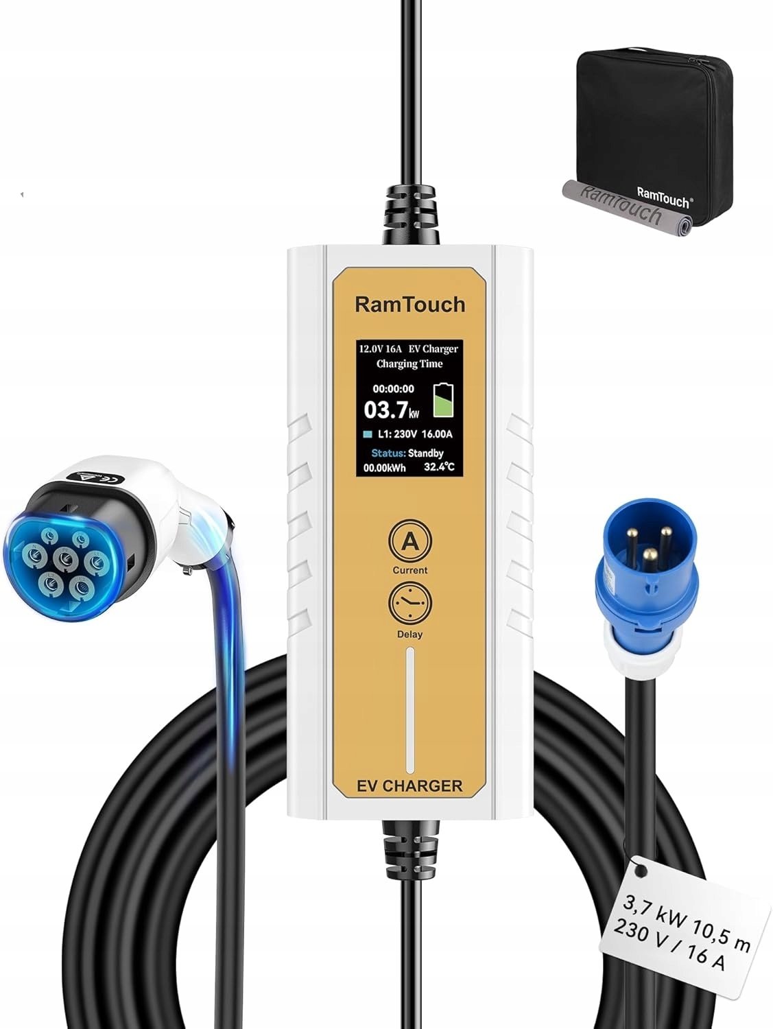 RamTouch Kabel do ładowania CEE 16A na typ 2 3,7 kW 1 faza 10,5 m 6A-16A