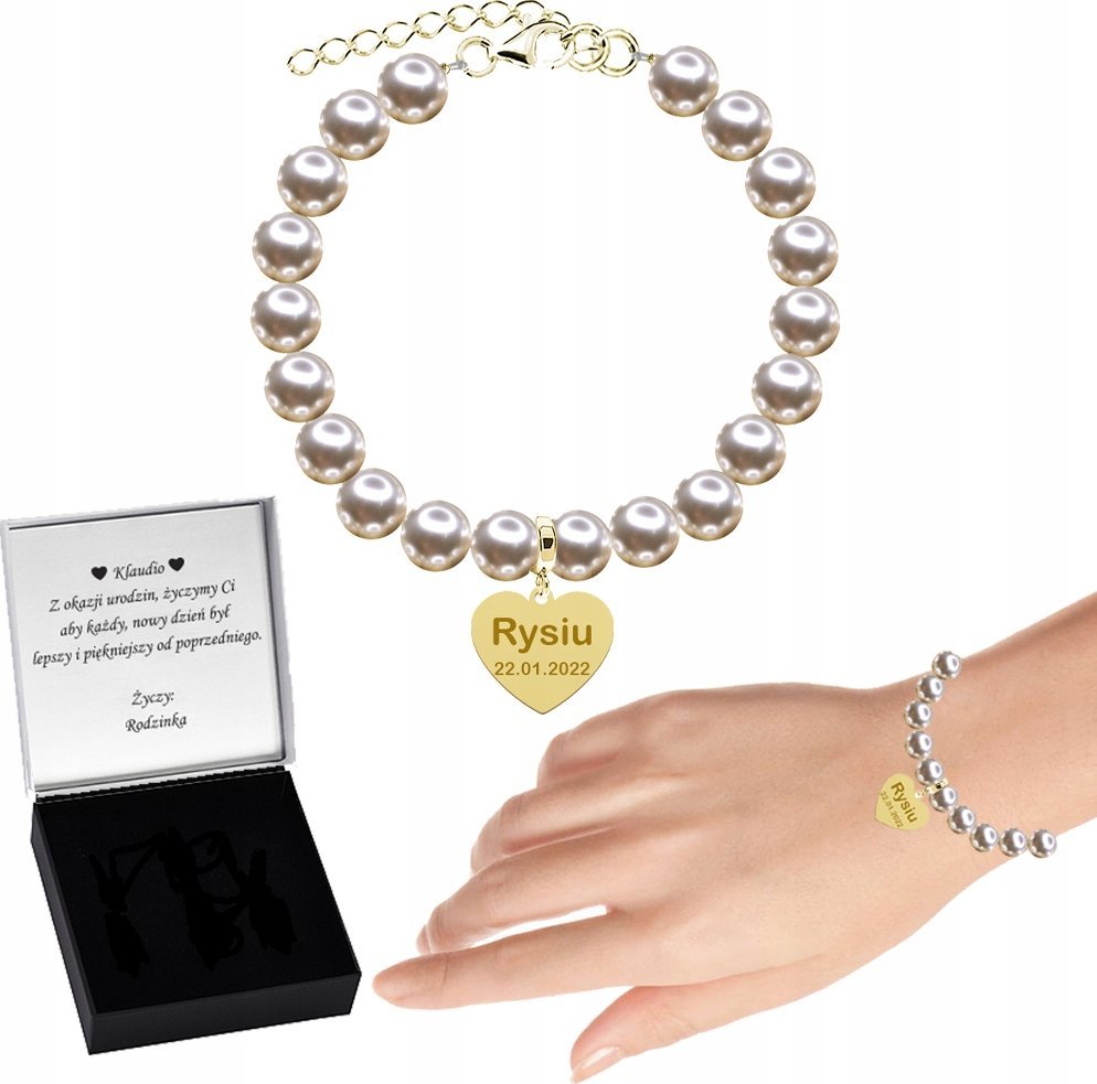 Radziszewska Jewellery Bransoletka Pozłacana z Pereł Serce Dzień Matki Prezent 925 Grawer
