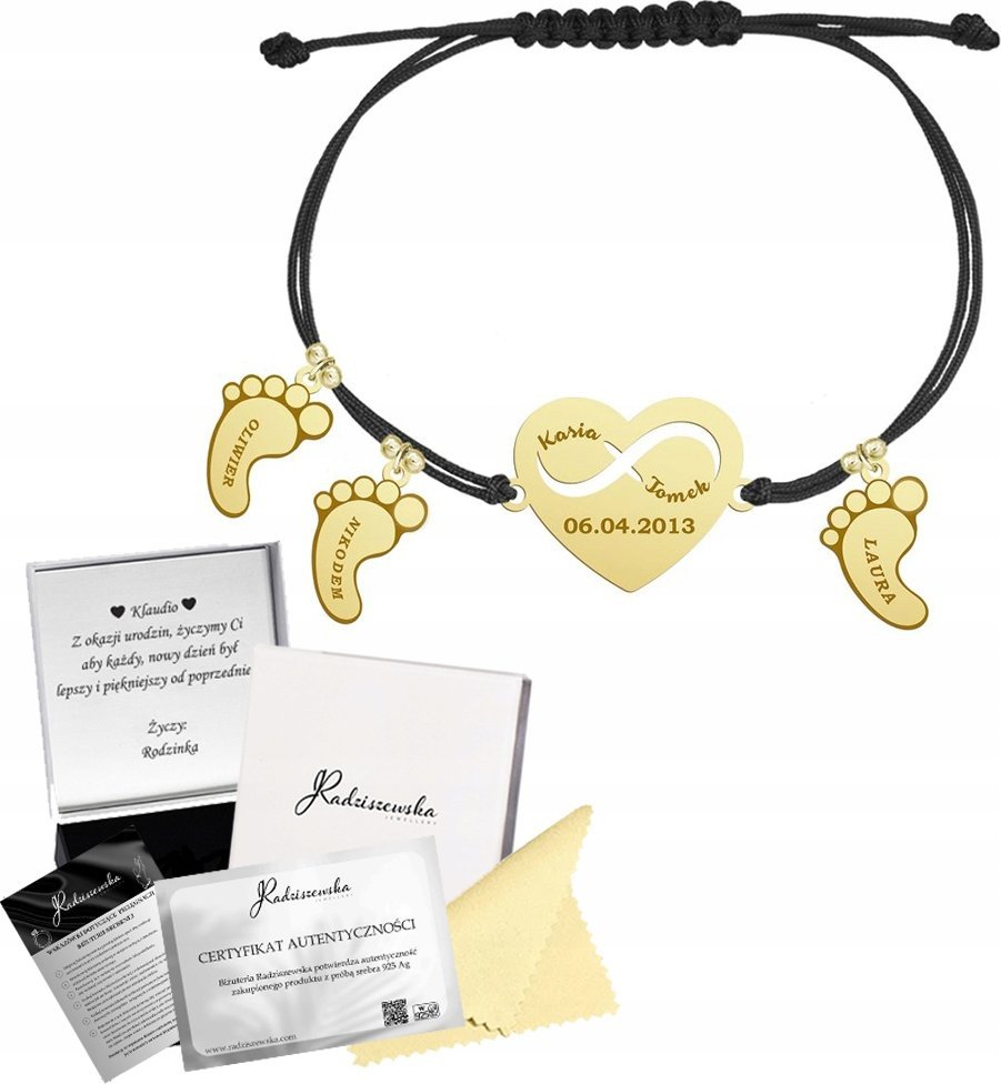 Radziszewska Jewellery Bransoletka Pozłacana STÓPKI SERCE z Grawerem Prezent 925 ŻYCZENIA GRATIS