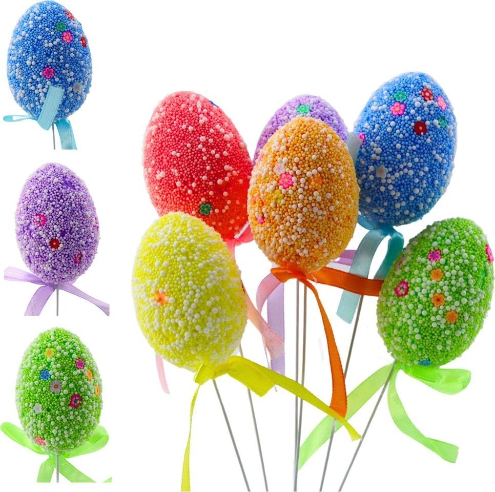 Jajka Wielkanocne Na Piku Druciku Kolorowe Białe Wzorki Wstążka Ozdoba 6szt LEAN