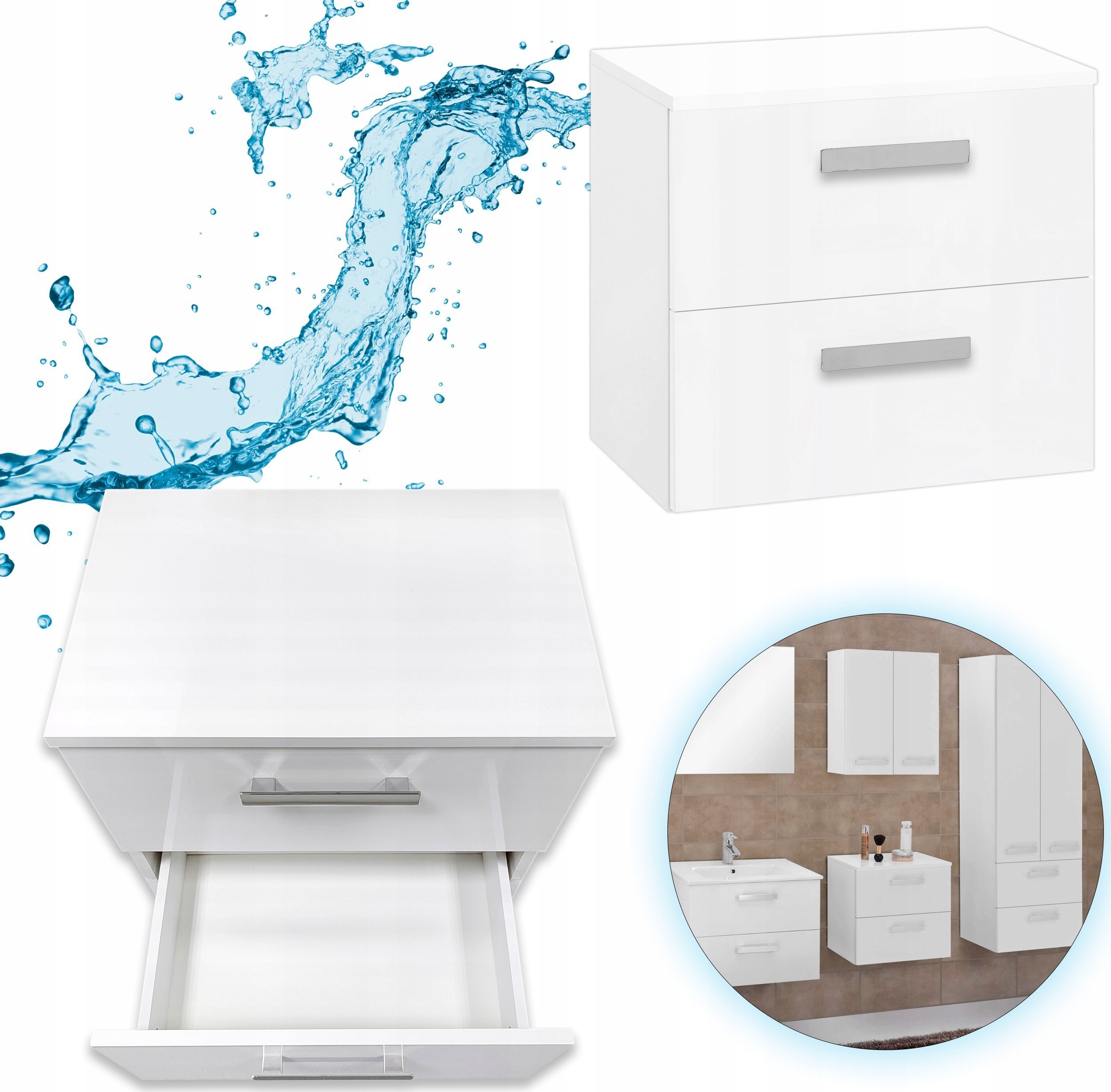 Stamar Szafka Komoda Wisząca Łazienkowa Biały Połysk 50 cm 2 Szuflady Cichy Domyk