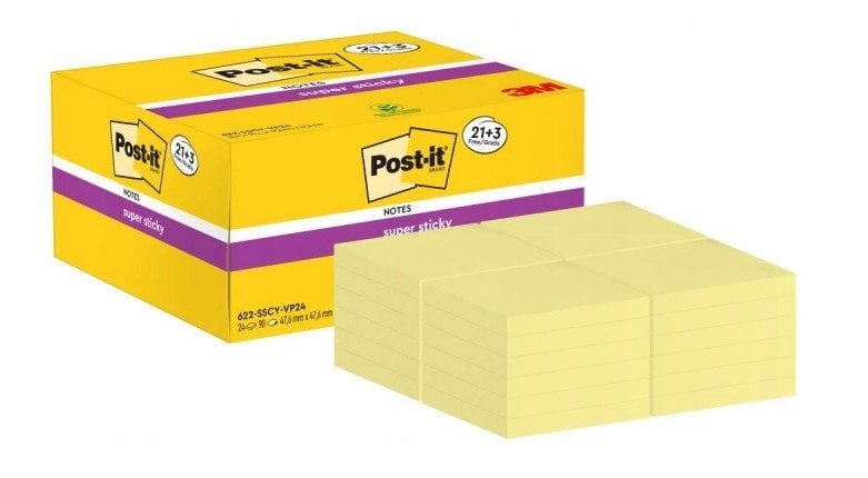 Karteczki samoprzylepne Post-it® Super Sticky (622-SSCY-24VP), 47,6x47,6mm, 21x90 kart.+3x90 kart. gratis, żółte