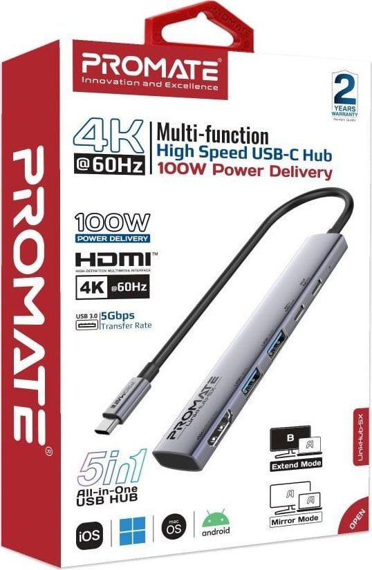 Promate LinkHub-5X Hub HDMI 4K@60Hz / USB-C PD100W