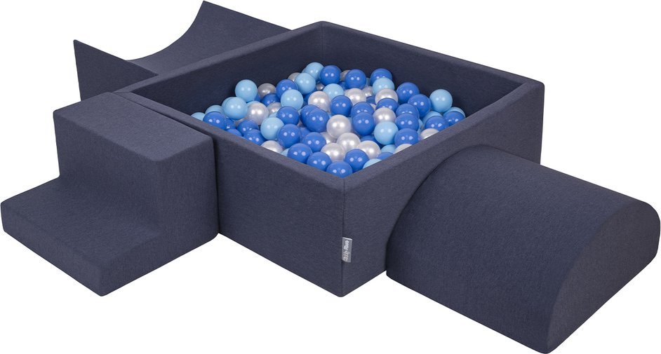 KiddyMoon Piankowy plac zabaw PPZP-KW30D-134 z piłeczkami granatowy: babyblue-niebieski-perła basen 200/rampa L/półwałek L/schodek Zabawka plac zabaw