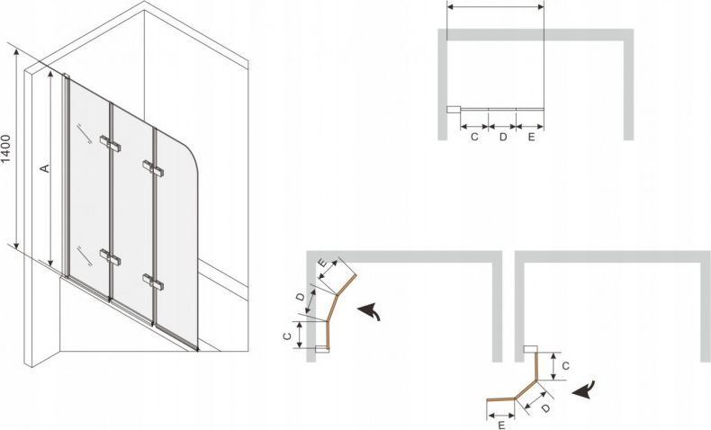Parawan nawannowy Mexen Felix 3-częściowy szkło przejrzyste, profil złoty