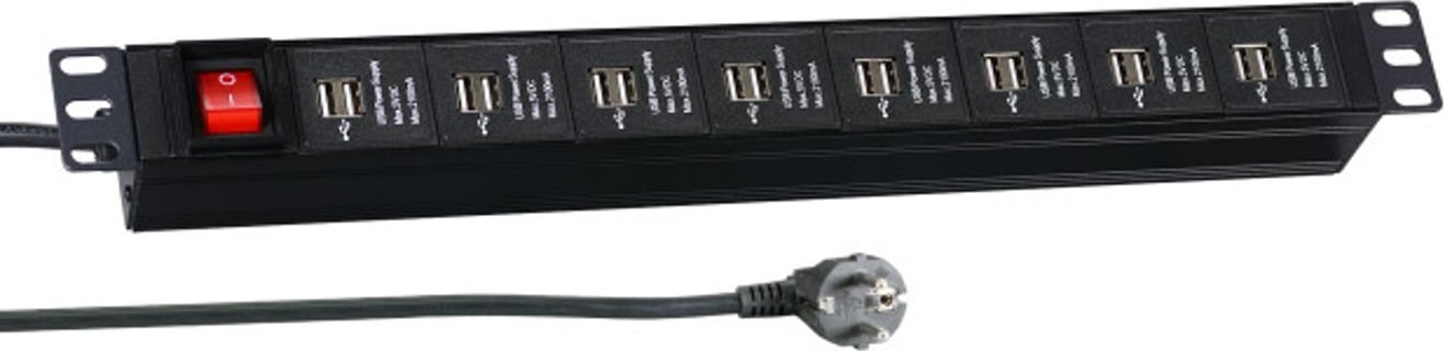 EFB EFB 48,26cm 19Zoll 1HE Steckdosenleiste 16 x USB A mit Schalter schwarz Zuleitung 3m je 2,1 A pro 2 Ports