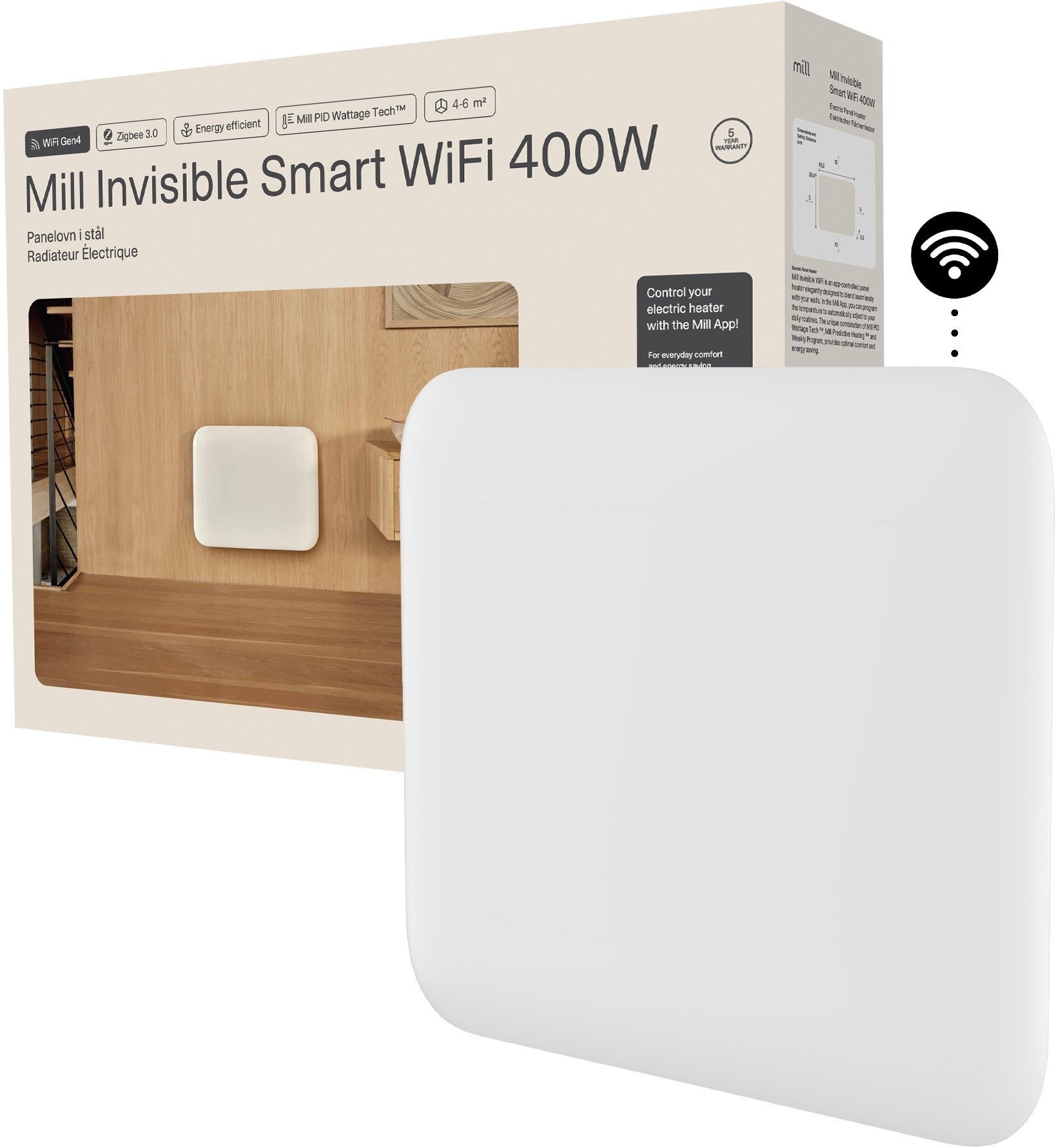 Mill Invisible Smart WiFi Heater | PA400WIFI4 | Panel Heater | 400 W | Suitable for rooms iki 4-6 m² | Baltas | IPX4