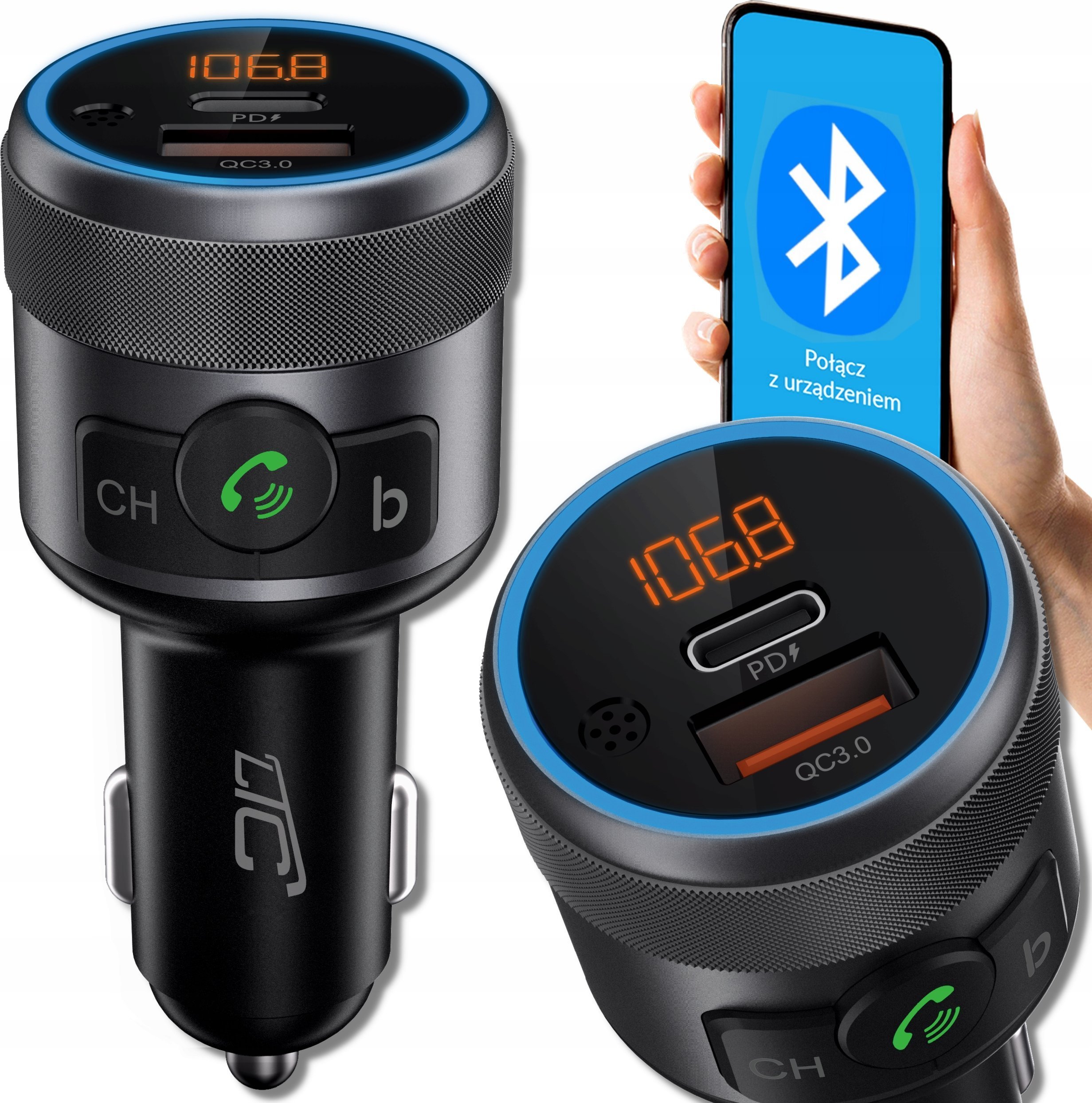 Transmiter FM LTC PS LTC TRANSMITER BLUETOOTH V5.1 DC12-24V,Output: QC3.0 + PD 20W Fast Charging