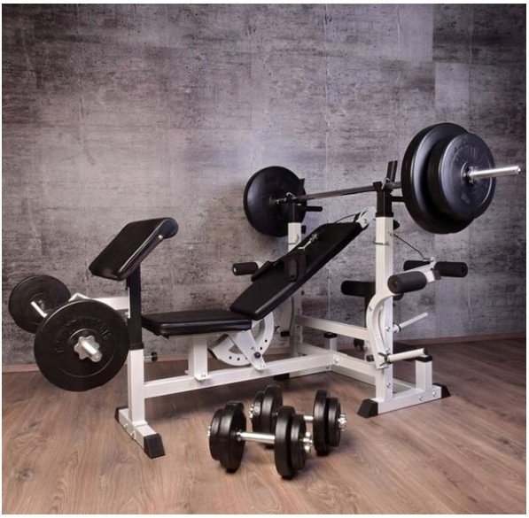 Ławka do wyciskania 6w1 biała + 2 sztangi winylowe regulowane (zestaw 100 kg 30mm)