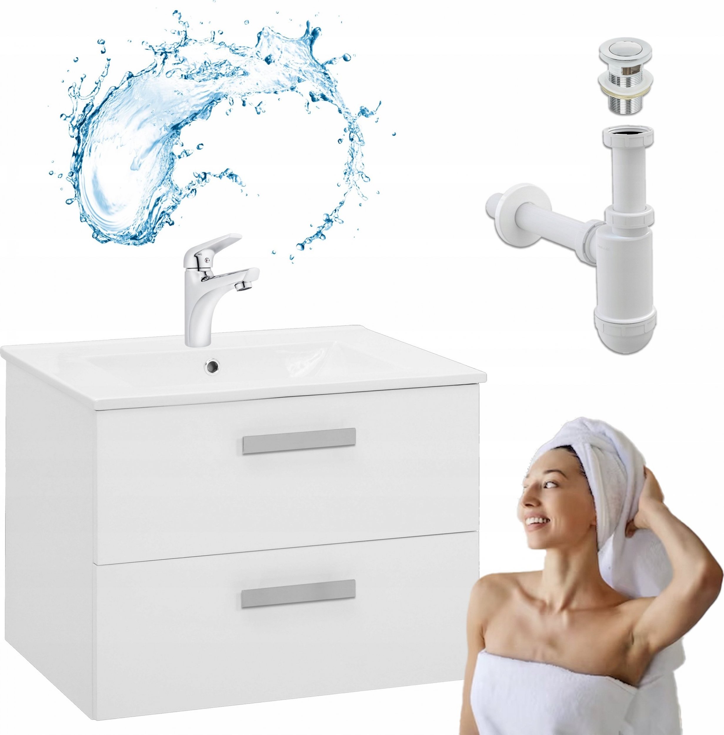 Stamar Szafka Łazienkowa Wisząca Vento Z Umywalką 60 cm POŁYSK Bateria Aqua Syfon