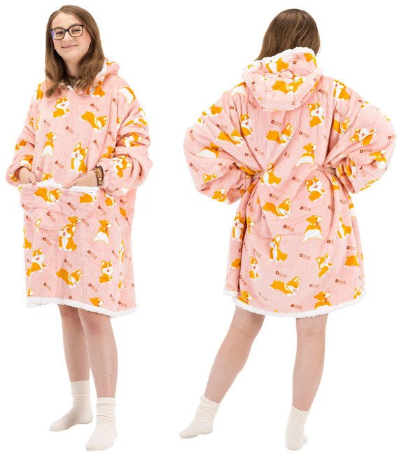 Kocobluza damska oversize koc bluza 2w1 z kapturem ciepła szlafrok futrzak piesek corgi UNIWERSALNY