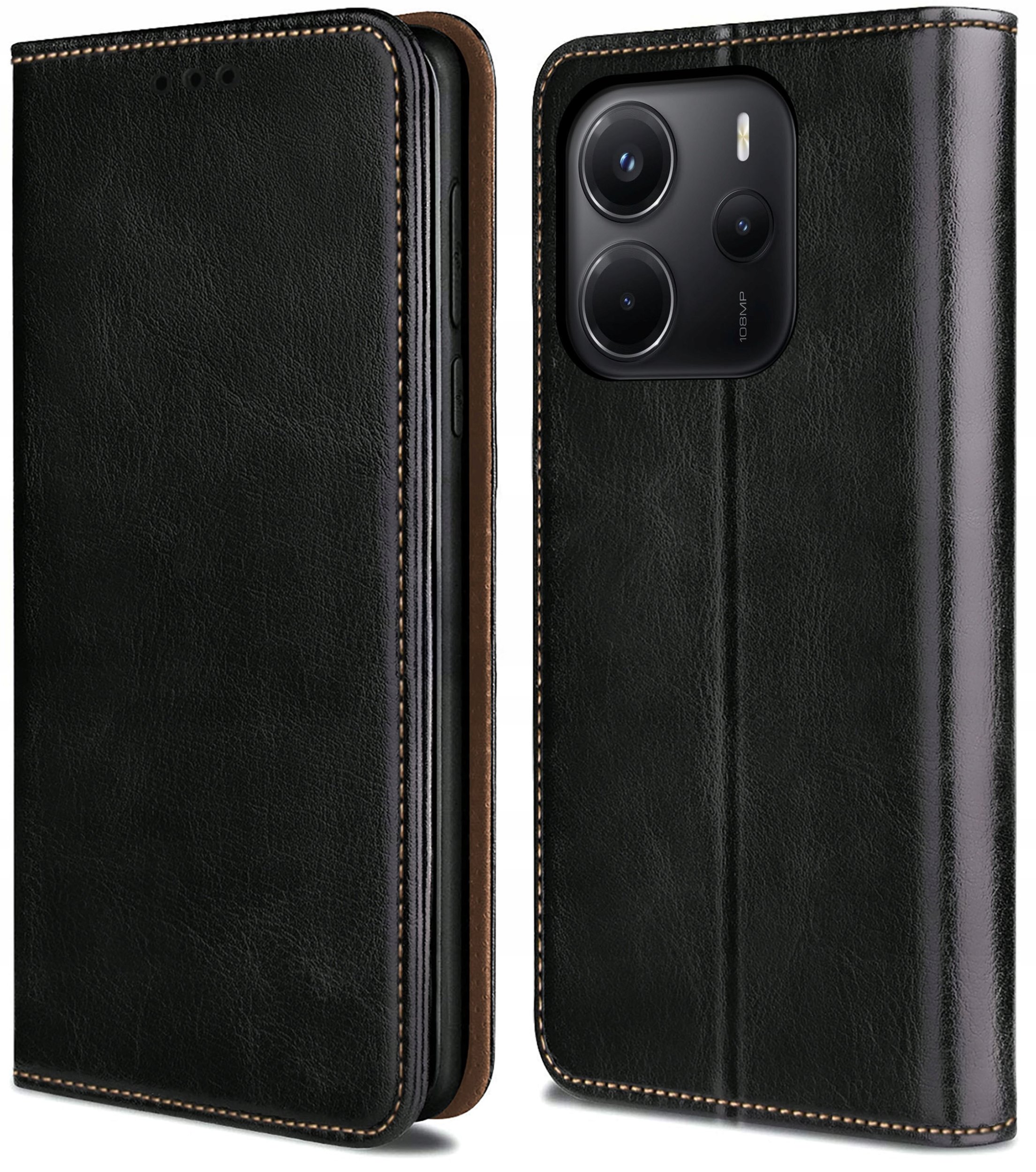 Etui do Xiaomi Redmi Note 14 5G SKÓRZANE CZARNE ZAMYKANE MAGNETYCZNE +SZKŁO