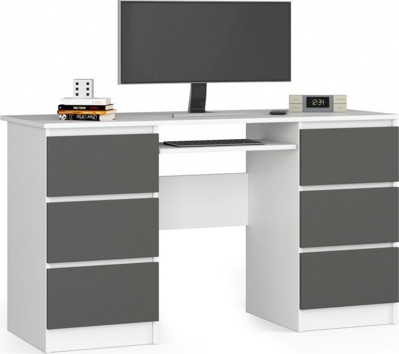 Biurko Fabryka Mebli Akord Biurko komputerowe A-11 135 cm 6 szuflad - białe-grafit szary