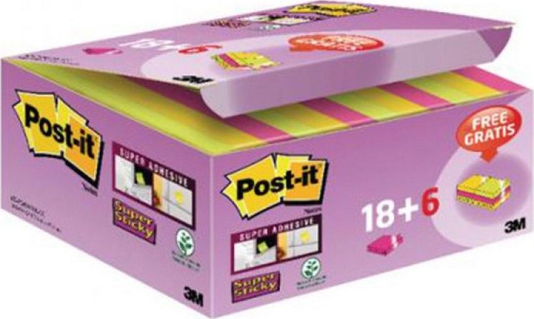 Post-it Karteczki samoprzylepne POST-IT Super Sticky (622-P24SSCOL), 47,6x47,6mm, 18+6x90 kart., mix kolorów, GRATIS