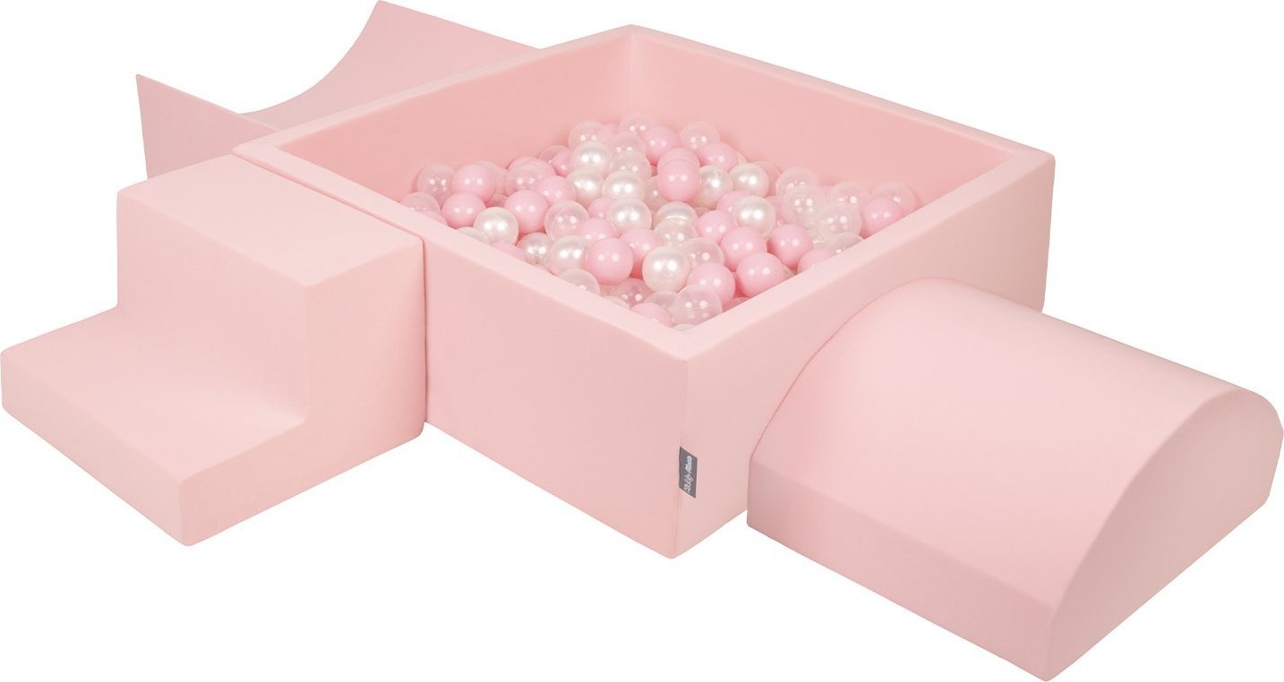 KiddyMoon Piankowy plac zabaw PPZP-KW30D-134 z piłeczkami różowy: pudrowy róż-perła-transparent basen 200/rampa L/półwałek L/schodek Zabawka plac zaba