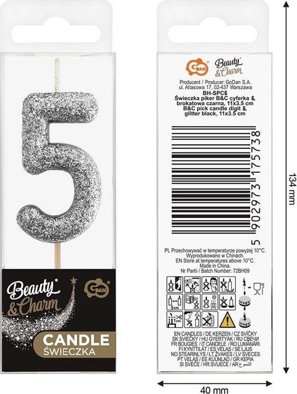 Świeczka piker 5 czarna brokatowa 11x3.5 cm