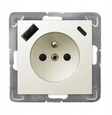 Ospel IMPREJSJA Gniazdo pojedyncze z uziemieniem z przesłonami torów prądowych z ładowarką USB A+C ecru GP-1YZPUSBAC/m/27