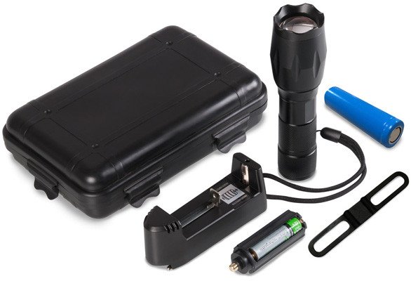 Latarka akumulatorowa aluminowa w pudełku, z uchwytem na rower