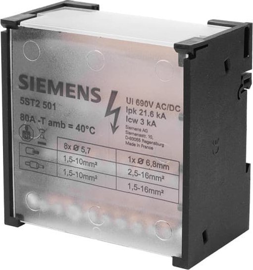 Siemens Blok rozdzielczy 80A 4P 500V 1x6-16mm2 + 8x4-10mm2 DIN 5ST2501