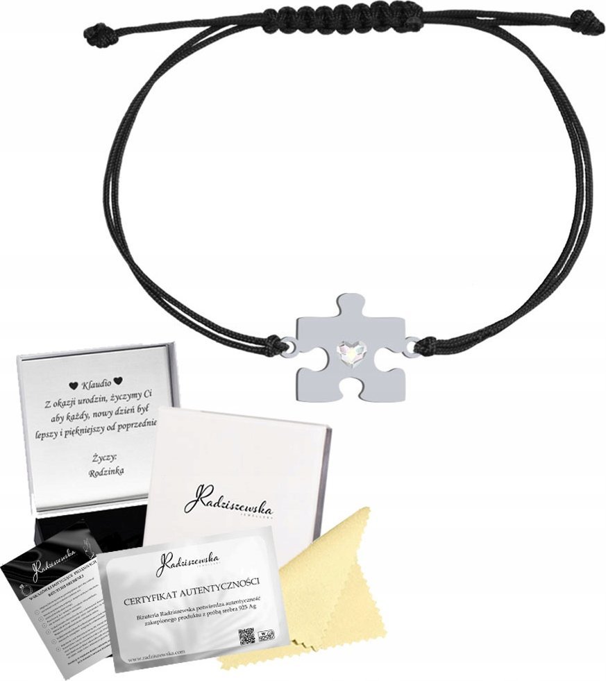 Radziszewska Jewellery Bransoletka Srebrna z Puzzlem Sznurek Prezent SREBRO 925 GRAWER DEDYKACJA