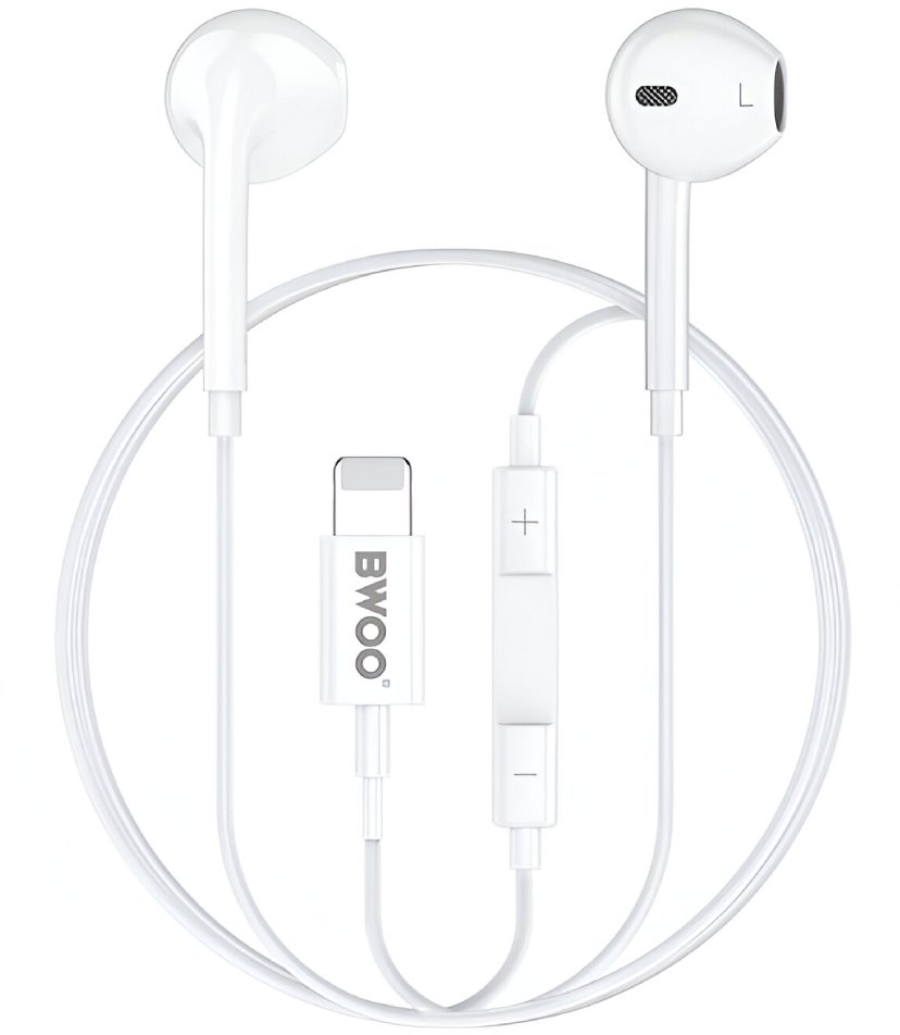 BWOO Przewodowe słuchawki Lightning z regulacją głośności HF179 białe