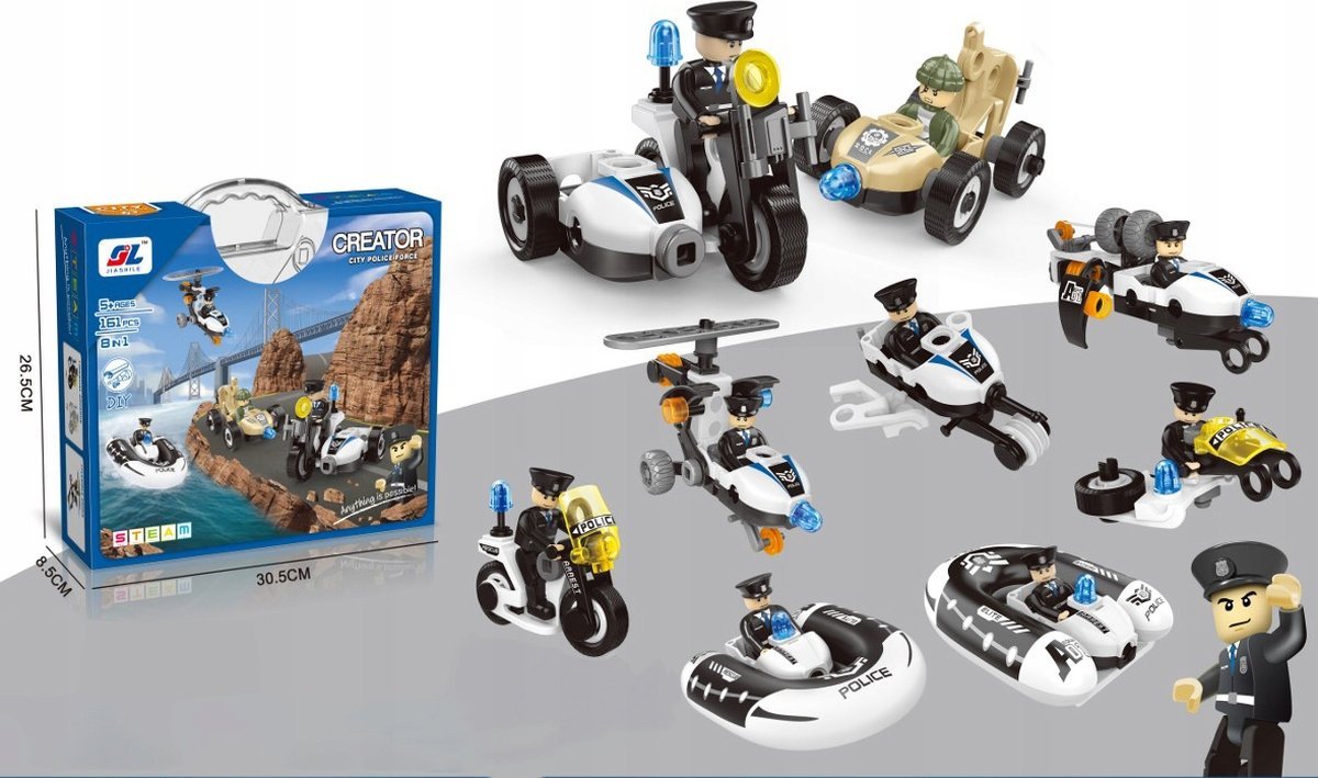 Klocki Konstrukcyjne 161 El. POLICJA, ZESTAW POLICYJNY, Motocykl, Ponton, Samochód Do Rozkręcania I Skręcania 8w1