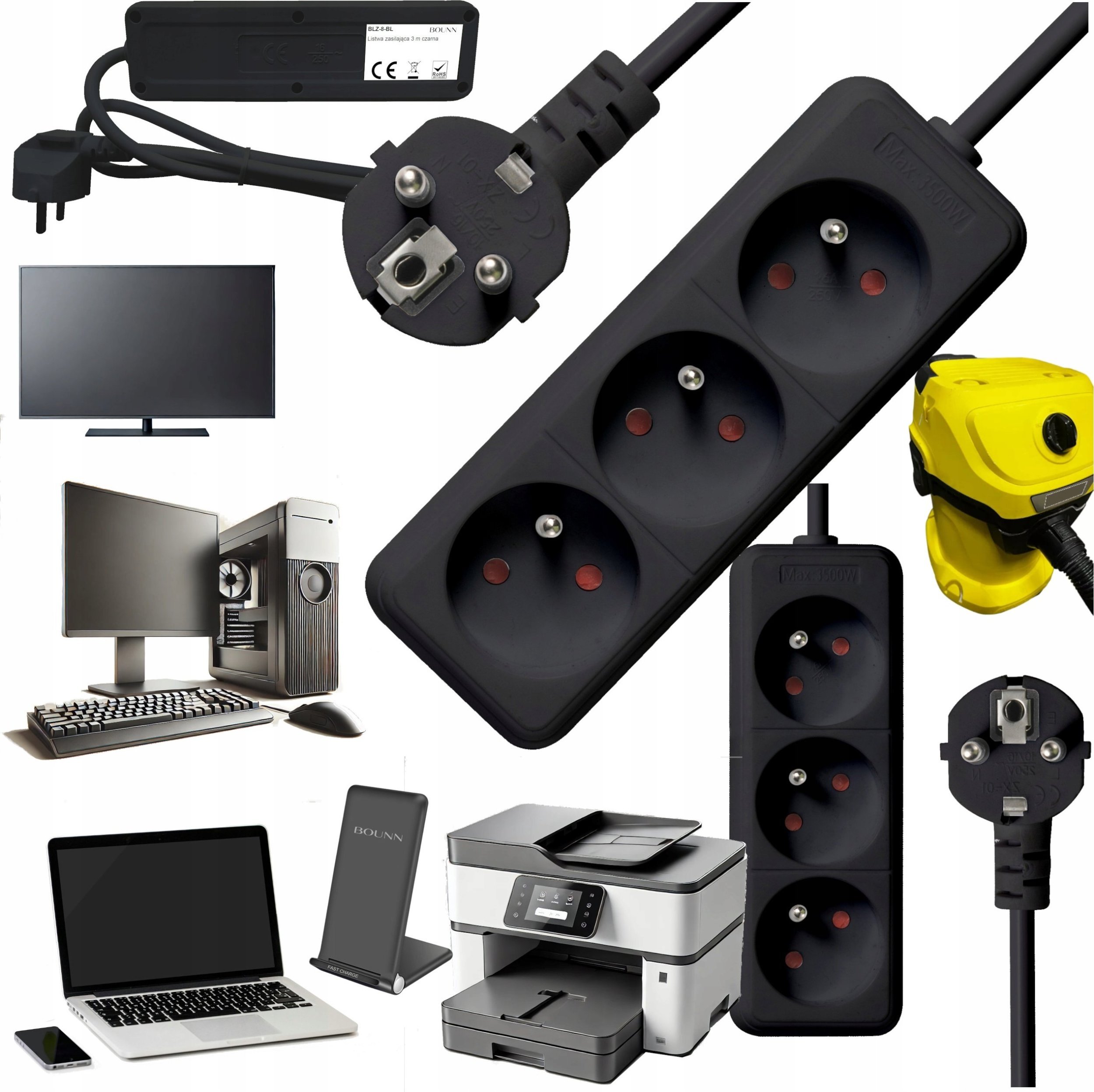Listwa zasilająca Bounn BOUNN listwa zasilajÄca 3 gniazda 3 m czarna 16A