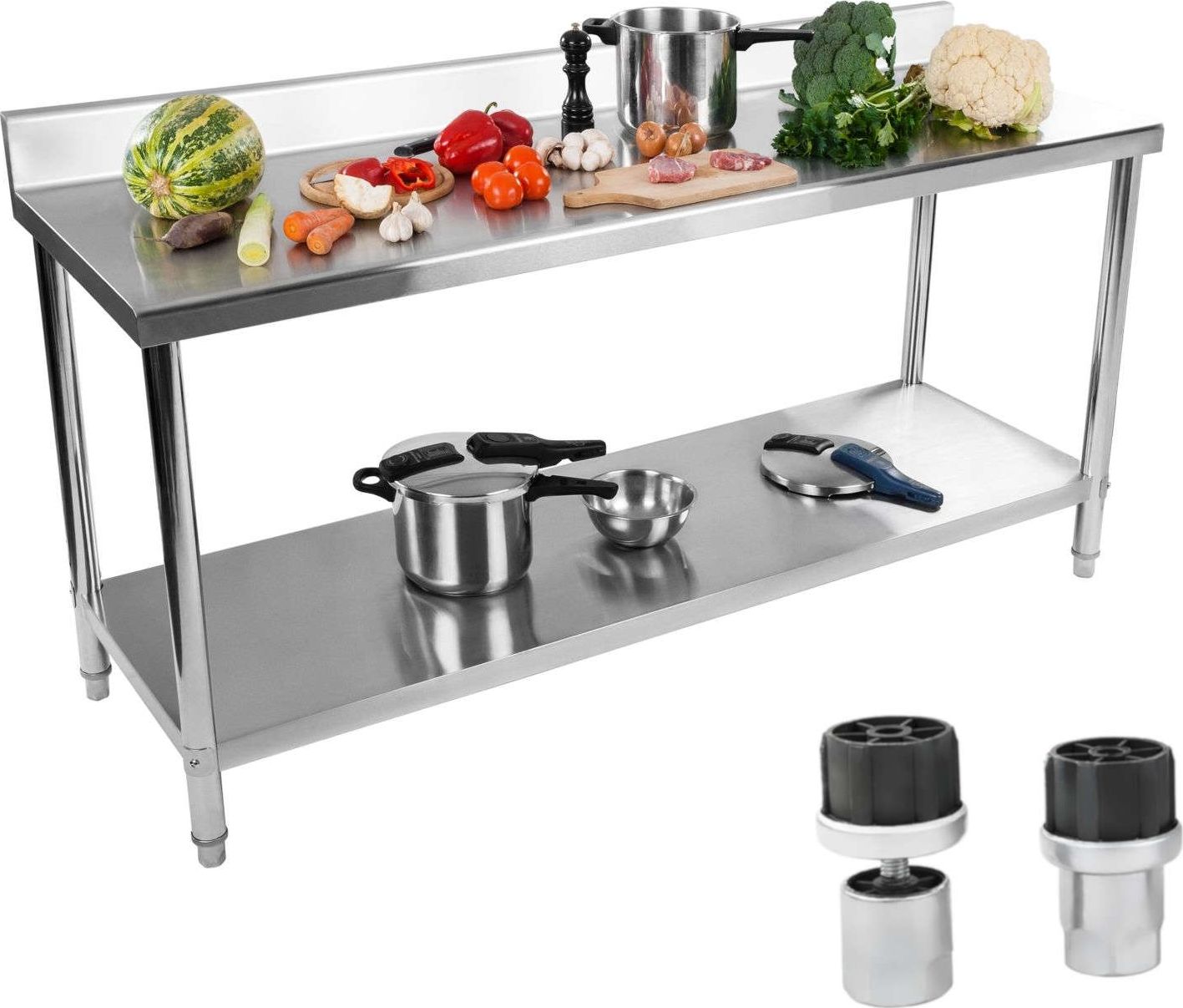 Royal Catering Stół do kuchni blat roboczy ze stali nierdzewnej z rantem i dolną półką 200x60cm