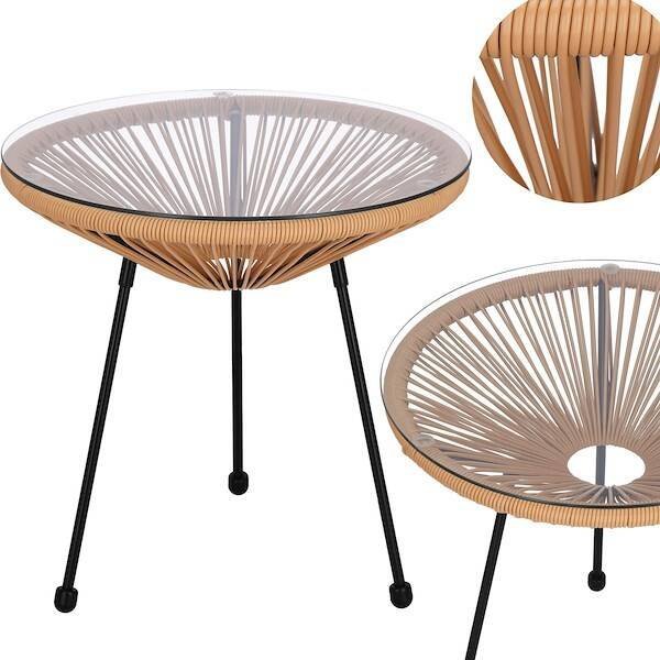 Springos Stół ogrodowy, stolik rattanowy na taras blat szkło hartowane 50 cm okrągły beżowy UNIWERSALNY