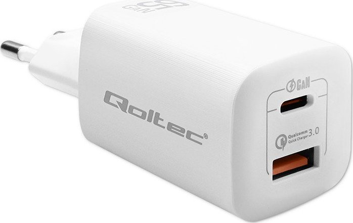 Ładowarka Qoltec Ładowarka sieciowa 65W GaN ULTRA | 5-20V | 2.25-3.25A | 1 x USB typ C PD | 1 x USB QC 3.0 | Biała