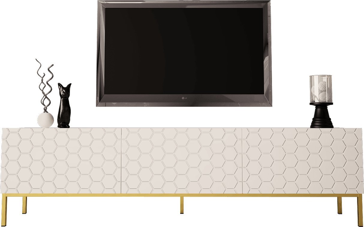 MEGSTYL SZAFKA RTV 190CM NA ZŁOTYCH NÓŻKACH - HEXA 1 biały mat - biały połysk