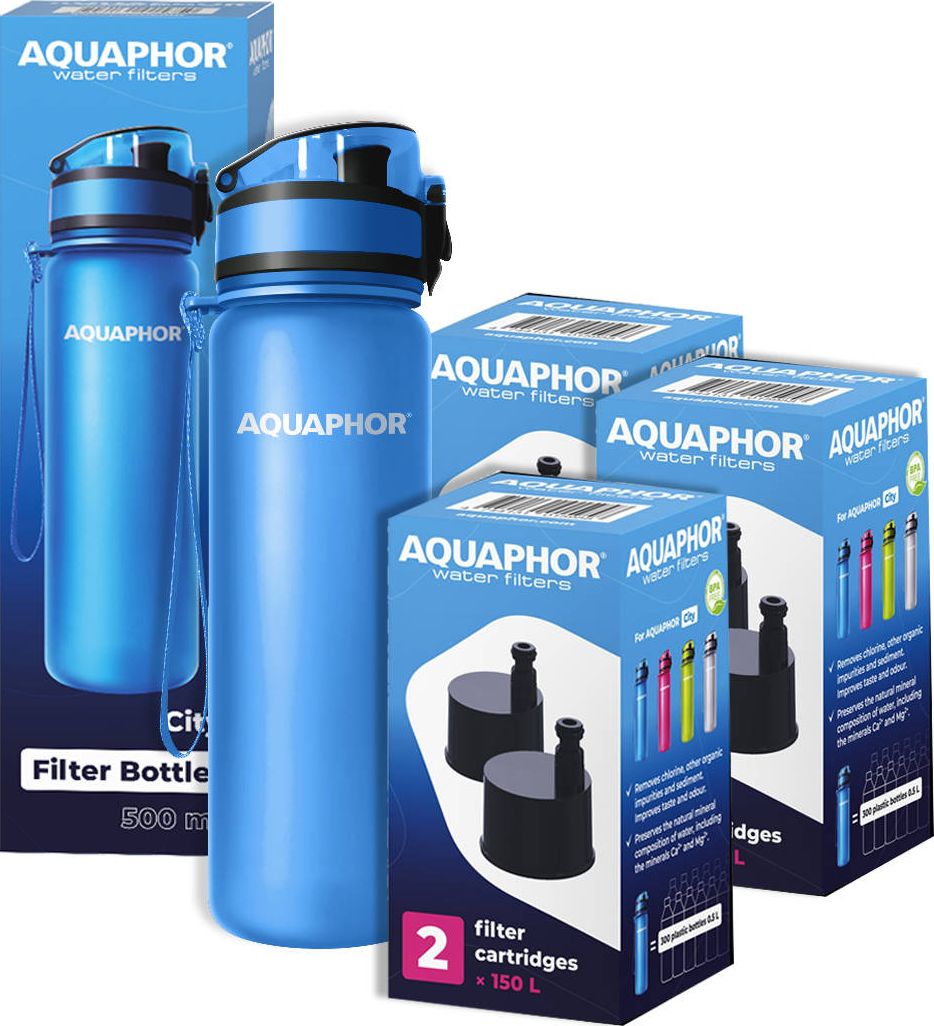 Aquaphor ZESTAW! Butelka filtrująca na wodę Aquaphor City niebieska z zapasem filtów