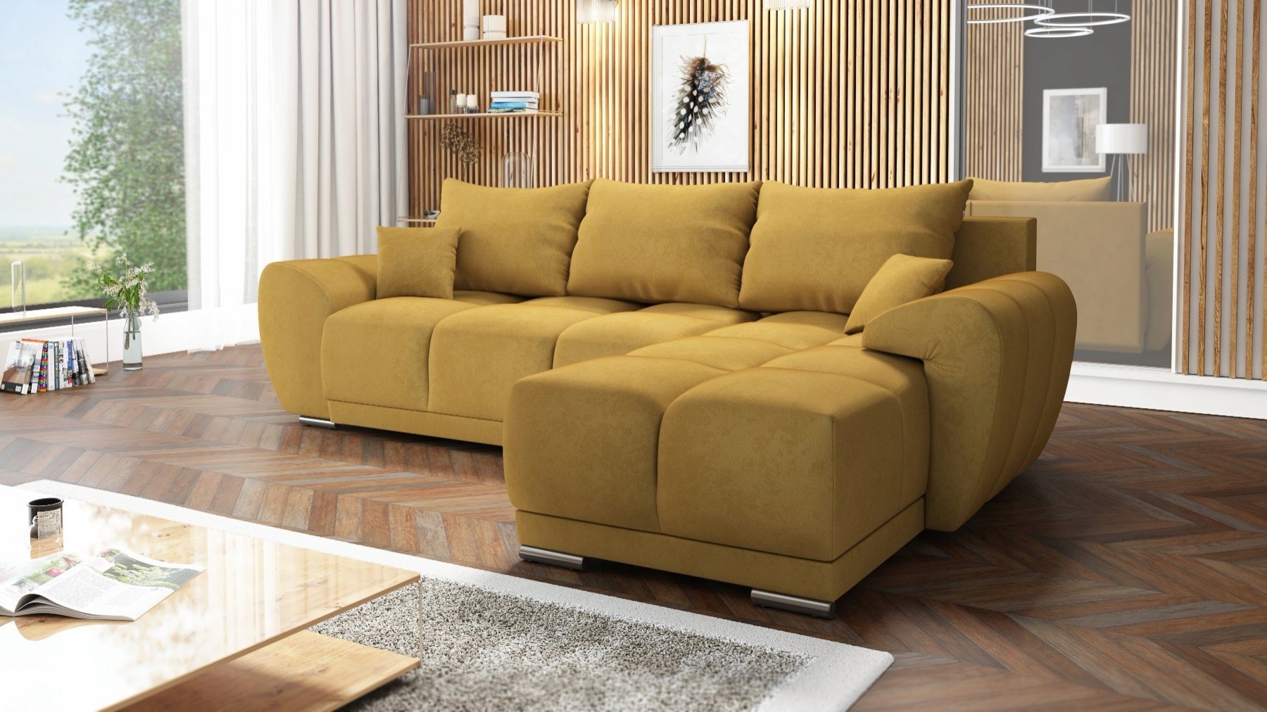 MUSZTARDOWY NAROŻNIK ROZKŁADANY DO SALONU ROGÓWKA Z FUNKCJĄ SPANIA HONEY L