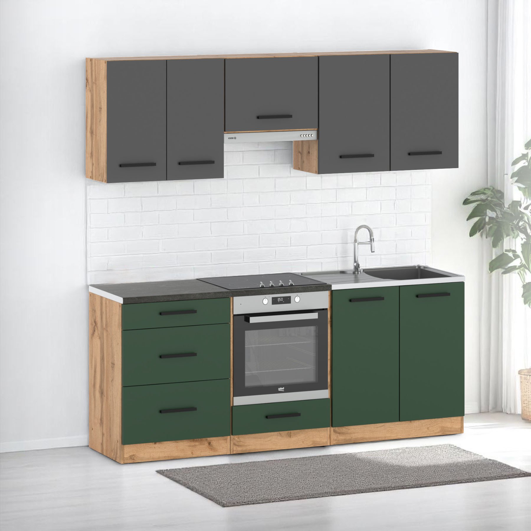 Kuchnia Nowoczesna Z Blatem Mała 2.4m Pojemna Wotan Szara Butelkowa Zieleń