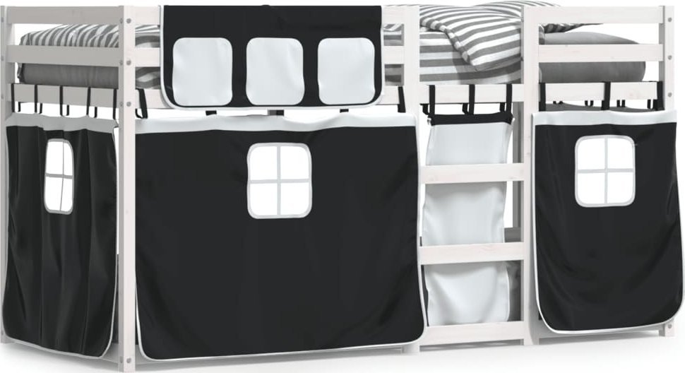 vidaXL Łóżko piętrowe z zasłonkami, biało-czarne, 90x200 cm, sosnowe