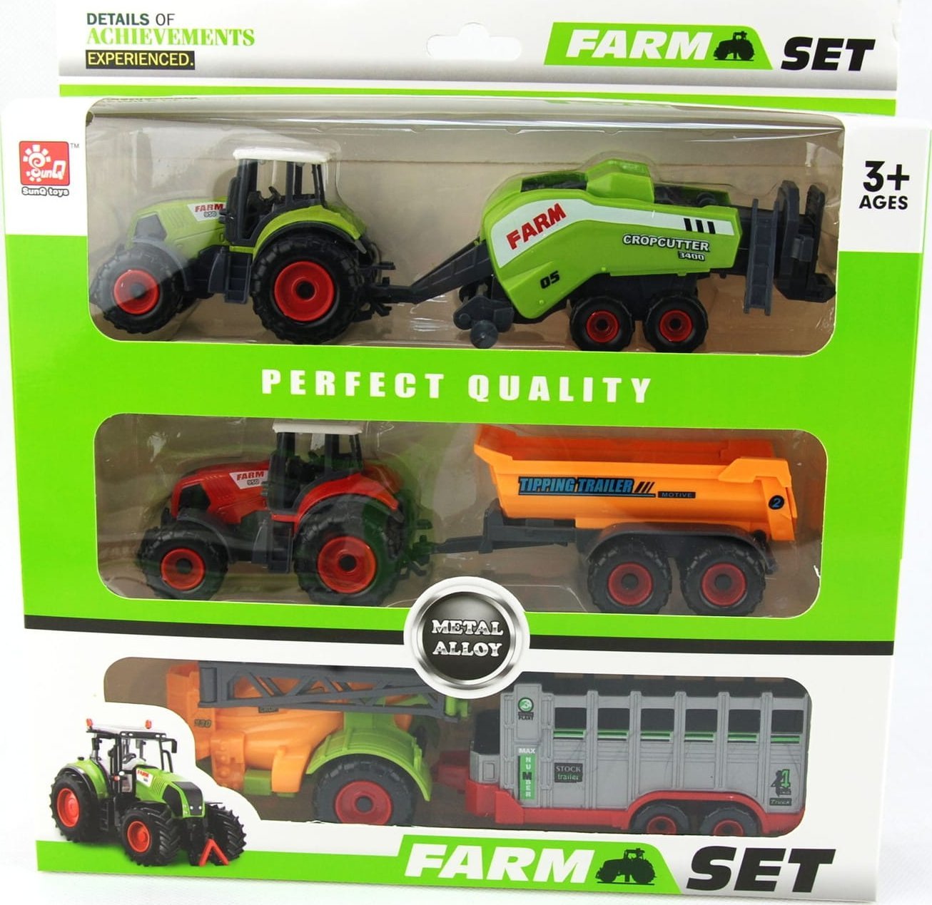 TRZY TRAKTORY Z PRZYCZEPAMI W PUDEŁKU