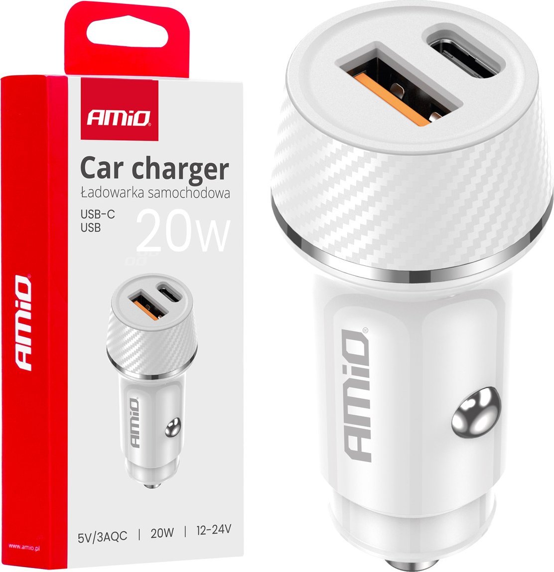 Ładowarka AMiO Ładowarka samochodowa usb-a + usb-c 20w amio-03878