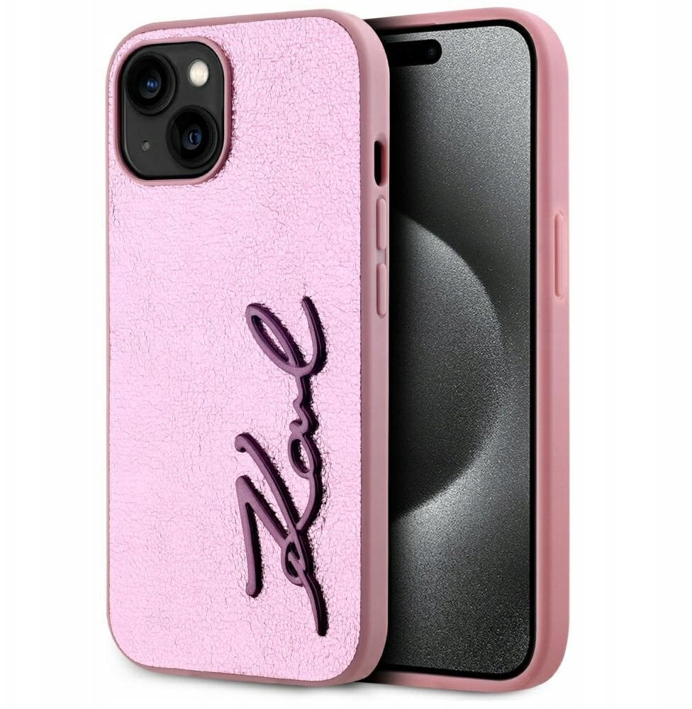 Karl Lagerfeld Etui Wrinkled Metal Signature do iPhone 15 różowy