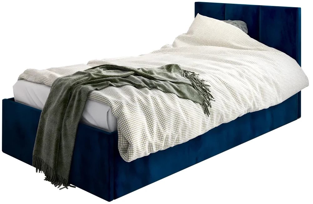Łóżko młodzieżowe VIVO 90x200 granatowez tapicerowanym panelem i pojemnikiem na pościel MKPOL