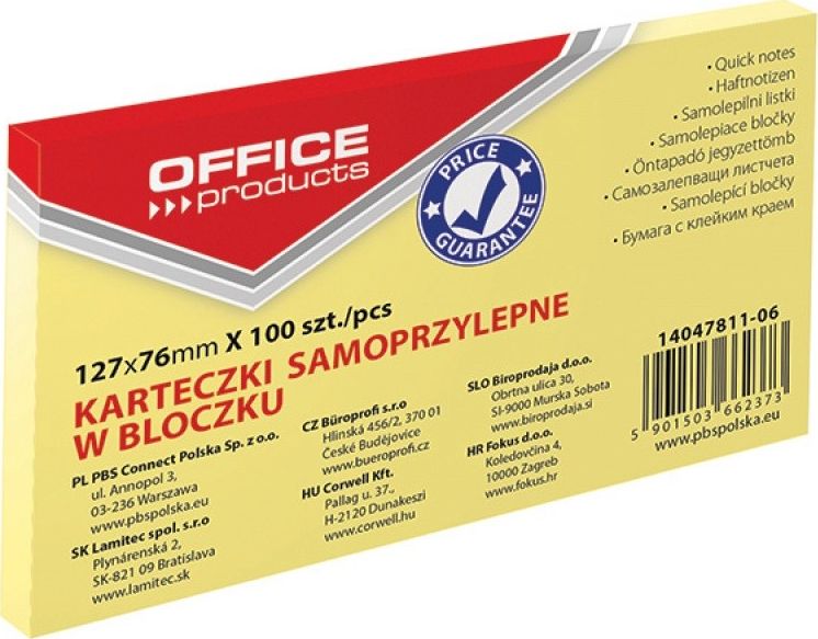 Office Products Bloczek samoprzylepny OFFICE PRODUCTS, 127x76mm, 1x100 kart., pastel, jaznożółty