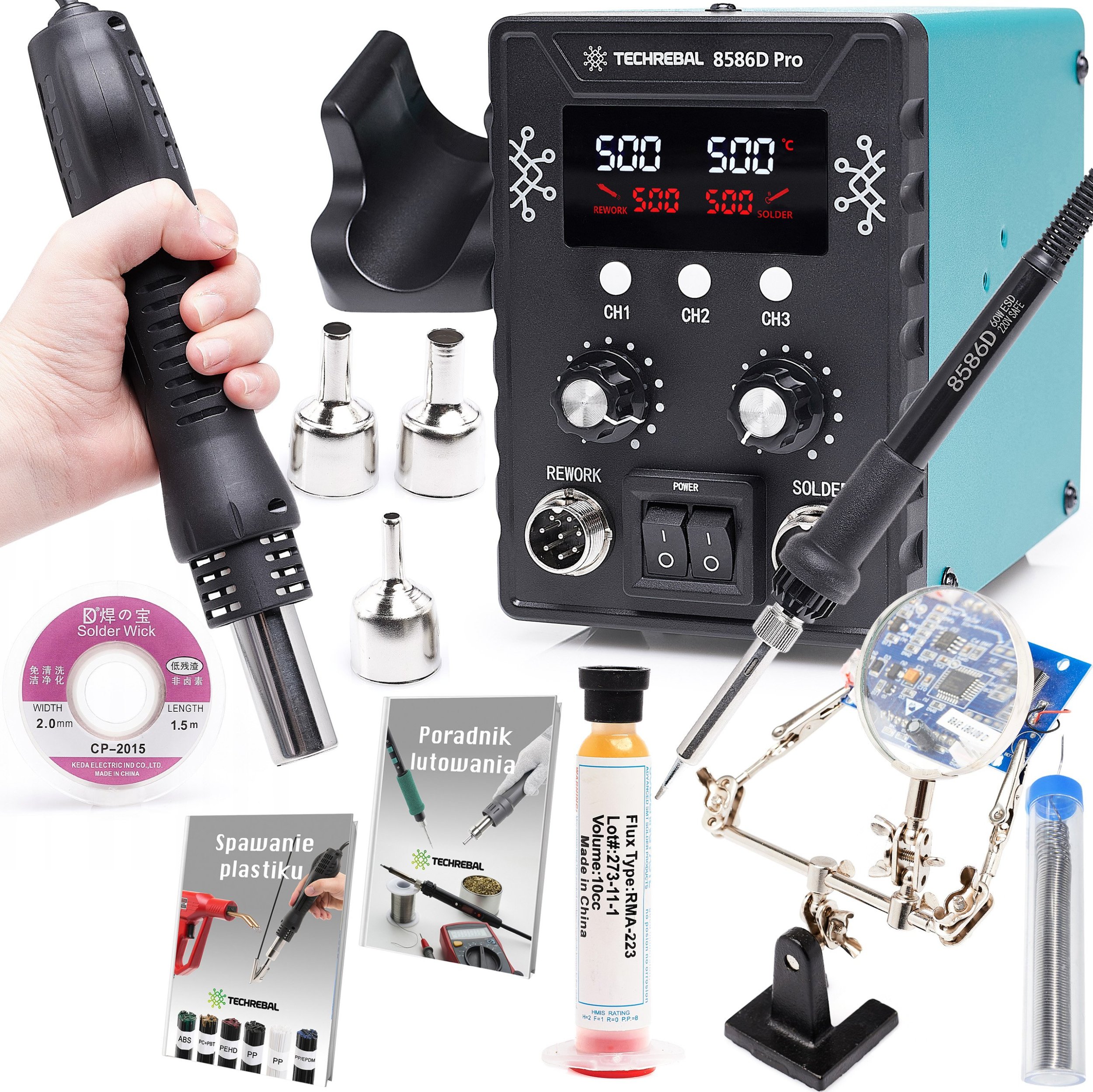 Zestaw Stacja Lutownicza 2w1 Hot-Air Grotowa Techrebal 8586 + Akcesoria
