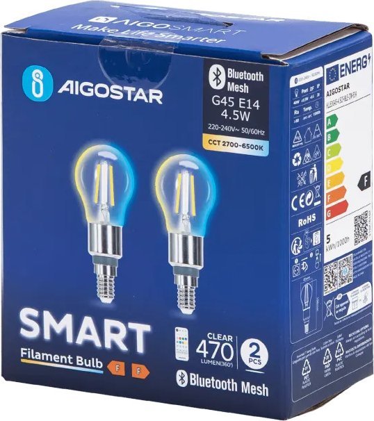 Aigostar Inteligentna żarówka Bluetooth Mesh G45 4.5W CCT 2 szt. Inteligentna żarówka Bluetooth Mesh G45 4.5W CCT 2 szt.